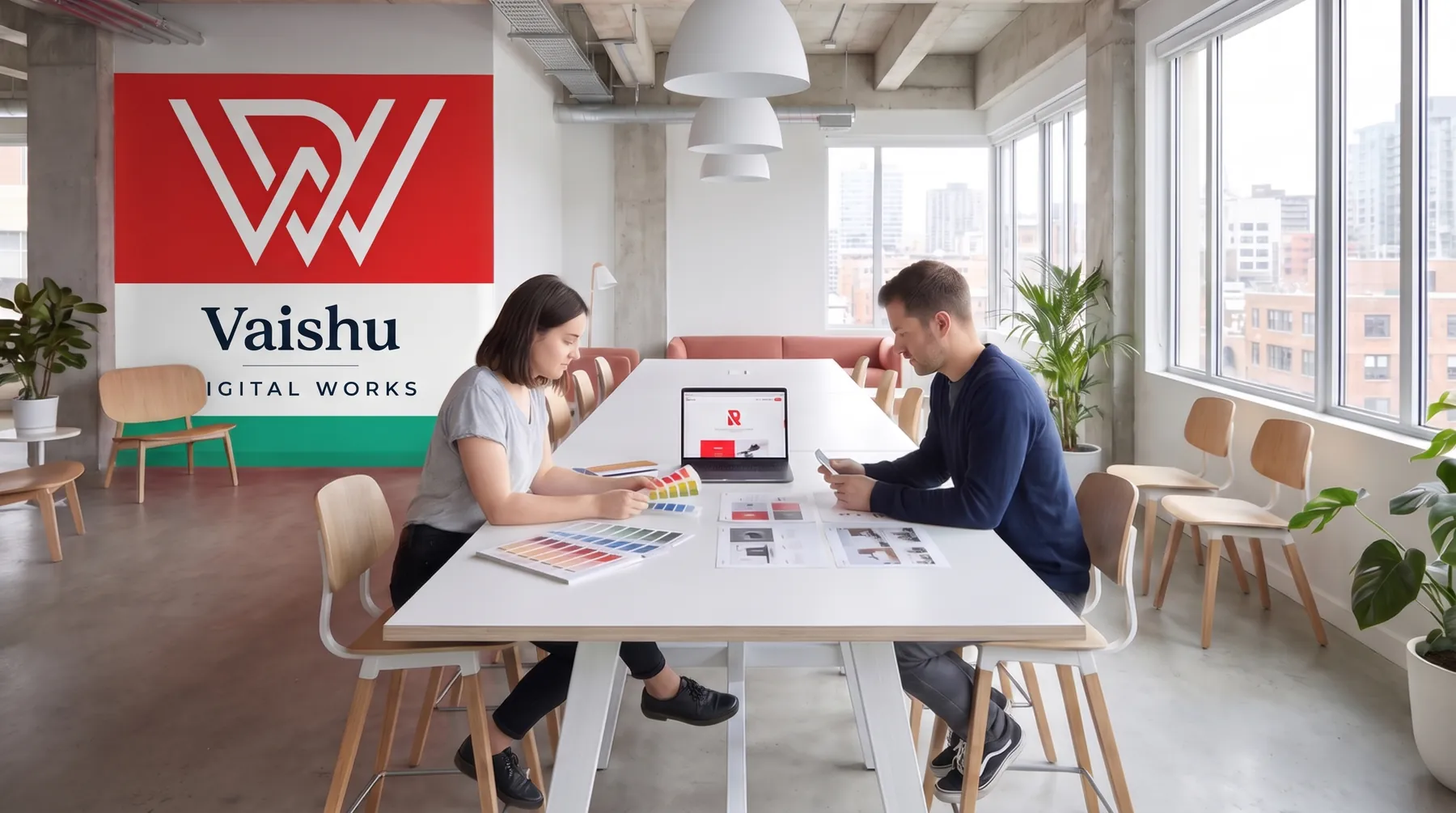 Two designers reviewing layouts at the Vaishu Digital Works studio